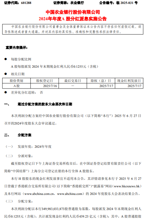 股票配资平台开户 农业银行：A股每股派发2024年末期现金红利0.1255元（含税）
